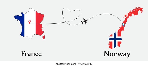 Airplane transport from France to Norway. Concept a good tour travel and business of both country. And flags symbol on maps. EPS.file.