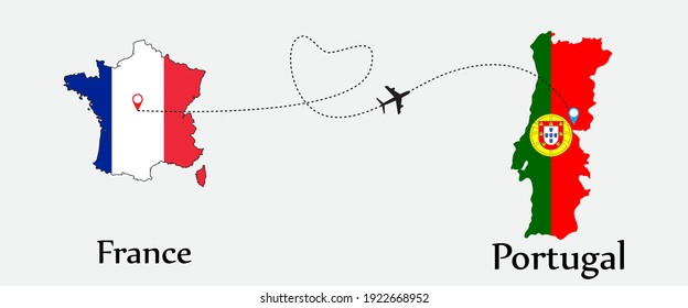 Airplane transport from France to Portugal. Concept a good tour travel and business of both country. And flags symbol on maps. EPS.file.