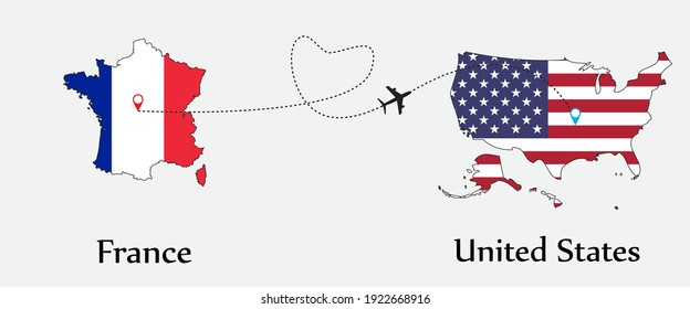 Airplane transport from France to United States. Concept a good tour travel and business of both country. And flags symbol on maps. EPS.file.