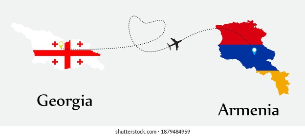 Airplane transport from Georgia to Armenia. A good travel tour business between countries concept with flag symbols on maps. EPS file. 