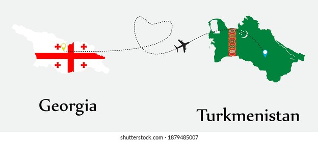 Airplane transport from Georgia to Turkmenistan. A good travel tour between countries business concept with flag symbols on maps. EPS file. 