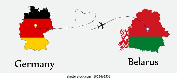 Airplane transport from Germany to Belarus. Concept a good tour travel and business of both country. And flags symbol on maps. EPS.file.