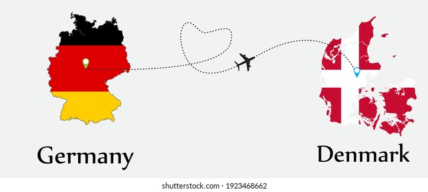 Airplane transport from Germany to Denmark. Concept a good tour travel and business of both country. And flags symbol on maps. EPS.file.