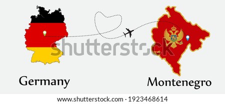 Airplane transport from Germany to Montenegro. Concept a good tour travel and business of both country. And flags symbol on maps. EPS.file.