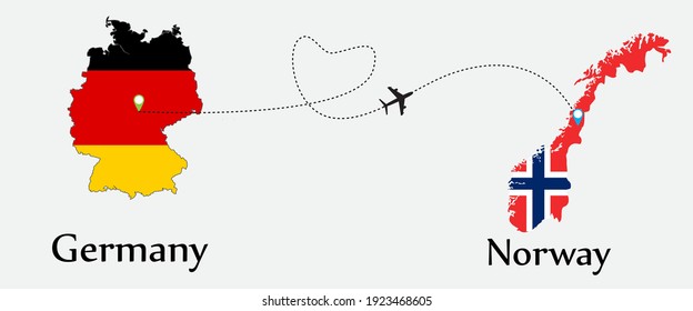 Airplane transport from Germany to Norway. Concept a good tour travel and business of both country. And flags symbol on maps. EPS.file.