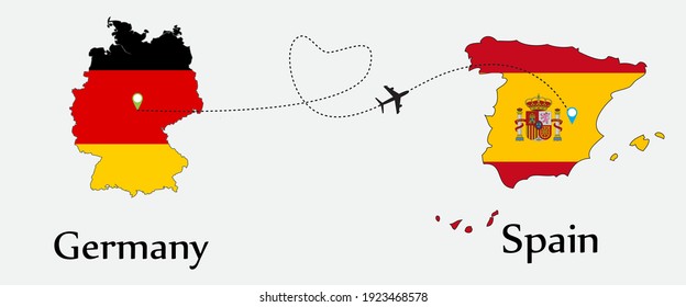 Airplane transport from Germany to Spain. Concept a good tour travel and business of both country. And flags symbol on maps. EPS.file.