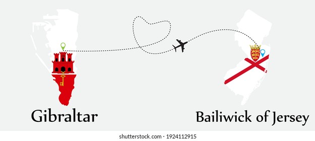 Airplane transport from Gibraltar to Bailiwick of Jersey. Concept a good tour travel and business of both country. And flags symbol on maps. EPS.file.