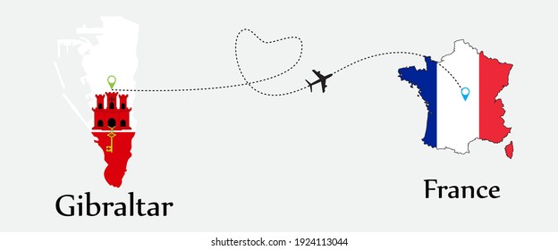 Airplane transport from Gibraltar to France. Concept a good tour travel and business of both country. And flags symbol on maps. EPS.file.