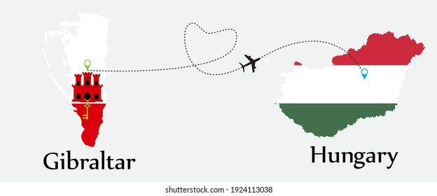 Airplane transport from Gibraltar to Hungary. Concept a good tour travel and business of both country. And flags symbol on maps. EPS.file.