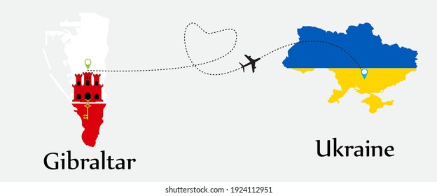 Airplane transport from Gibraltar to Ukraine. Concept a good tour travel and business of both country. And flags symbol on maps. EPS.file.