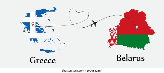 Airplane transport from Greece to Belarus. Concept a good tour travel and business of both country. And flags symbol on maps. EPS.file.