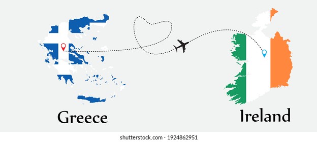 Airplane transport from Greece to Ireland. Concept a good tour travel and business of both country. And flags symbol on maps. EPS.file.