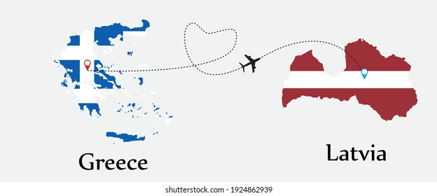 Airplane transport from Greece to Latvia. Concept a good tour travel and business of both country. And flags symbol on maps. EPS.file.