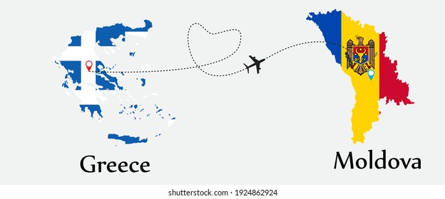 Airplane transport from Greece to Moldova. Concept a good tour travel and business of both country. And flags symbol on maps. EPS.file.