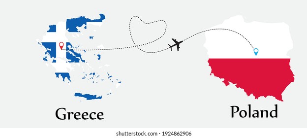 Airplane transport from Greece to Poland. Concept a good tour travel and business of both country. And flags symbol on maps. EPS.file.