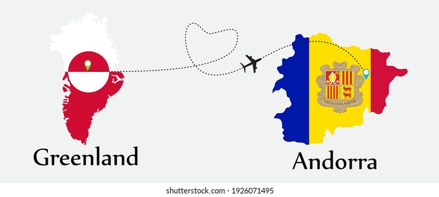 Airplane transport from Greenland to Andorra. Concept a good tour travel and business of both country. And flags symbol on maps. EPS.file.
