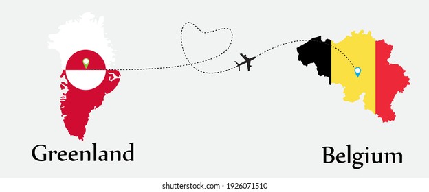 Airplane transport from Greenland to Belgium. Concept a good tour travel and business of both country. And flags symbol on maps. EPS.file.