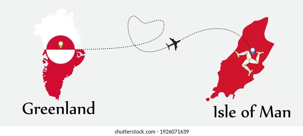 Airplane transport from Greenland to Isle of Man. Concept a good tour travel and business of both country. And flags symbol on maps. EPS.file.