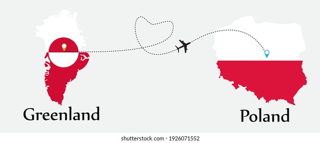 Airplane transport from Greenland to Poland. Concept a good tour travel and business of both country. And flags symbol on maps. EPS.file.