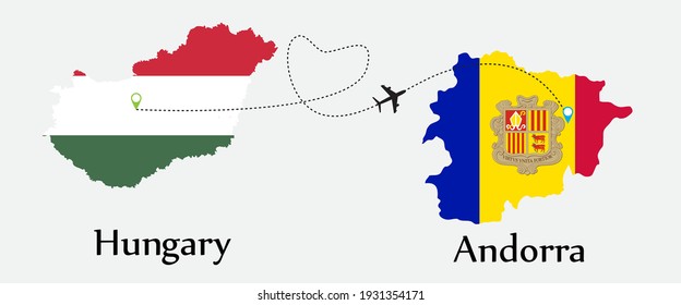 Airplane transport from Hungary to Andorra. Concept a good tour travel and business of both country. And flags symbol on maps. EPS.file.