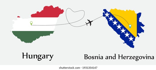 Airplane transport from Hungary to Bosnia and Herzegovina. Concept a good tour travel and business of both country. And flags symbol on maps. EPS.file.