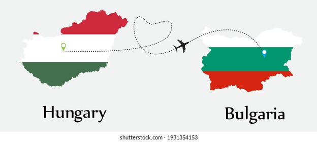 Airplane transport from Hungary to Bulgaria. Concept a good tour travel and business of both country. And flags symbol on maps. EPS.file.