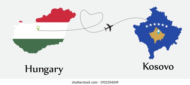 Airplane transport from Hungary to Kosovo. Concept a good tour travel and business of both country. And flags symbol on maps. EPS.file.