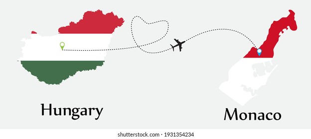 Airplane transport from Hungary to Monaco. Concept a good tour travel and business of both country. And flags symbol on maps. EPS.file.