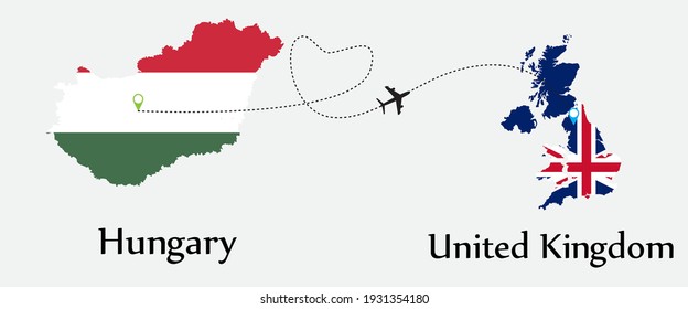 Airplane transport from Hungary to United Kingdom. Concept a good tour travel and business of both country. And flags symbol on maps. EPS.file.