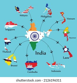 Airplane Transport From India To Asean Economic Community (AEC). Concept A Good Tour Travel And Business Of Both Country.