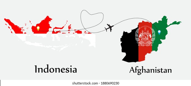 Airplane transport from Indonesia to Afghanistan. Concept a good tour travel and business of both country. And flags symbol on maps. EPS.file.