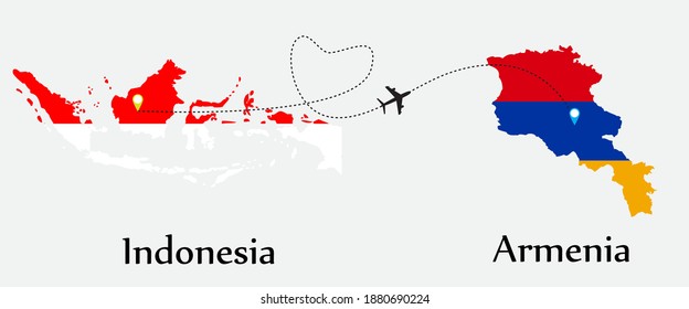 Airplane transport from Indonesia to Armenia. Concept a good tour travel and business of both country. And flags symbol on maps. EPS.file.