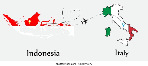 Airplane transport from Indonesia to Italy. Concept a good tour travel and business of both country. And flags symbol on maps. EPS.file.