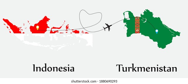 Airplane transport from Indonesia to Turkmenistan. Concept a good tour travel and business of both country. And flags symbol on maps. EPS.file.