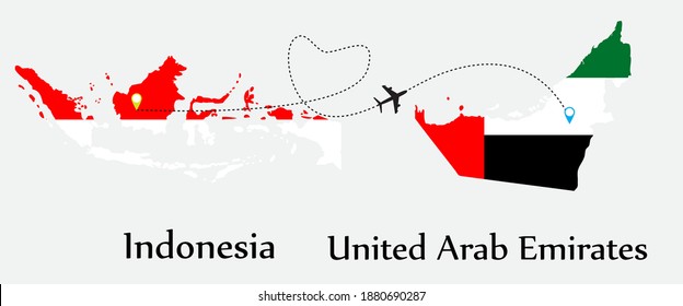 Airplane transport from Indonesia to United Arab Emirates. Concept a good tour travel and business of both country. And flags symbol on maps. EPS.file.