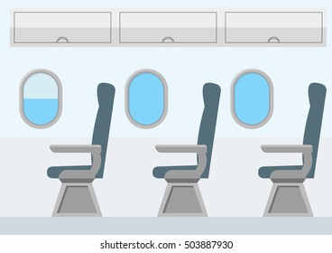 Airplane Transport Interior. Jet for Travel. Vector Flat Cartoon interior seats, cabin with portholes. blue color chairs and windows. Business class 