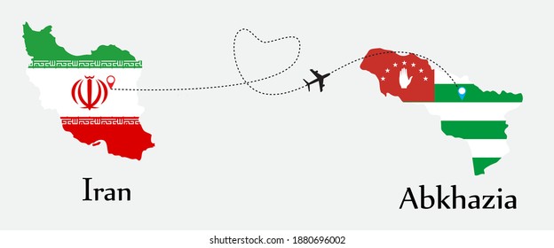 Airplane transport from Iran to Abkhazia. Concept a good tour travel and business of both country. And flags symbol on maps. EPS.file.