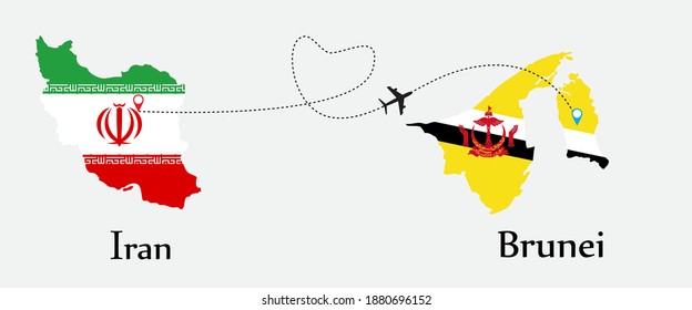 Airplane transport from Iran to Brunei. Concept a good tour travel and business of both country. And flags symbol on maps. EPS.file.