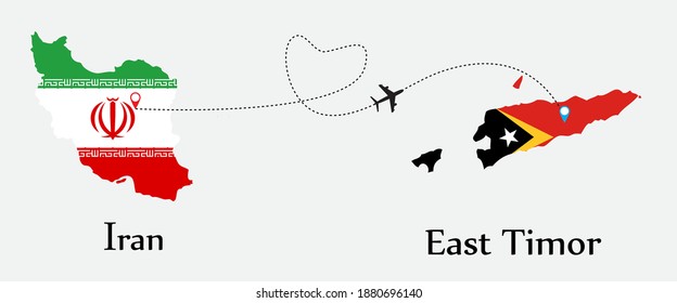 Airplane transport from Iran to East Timor. Concept a good tour travel and business of both country. And flags symbol on maps. EPS.file.