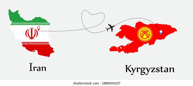 Airplane transport from Iran to Kyrgyzstan. Concept a good tour travel and business of both country. And flags symbol on maps. EPS.file.