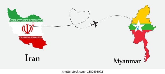 Airplane transport from Iran to Myanmar. Concept a good tour travel and business of both country. And flags symbol on maps. EPS.file.