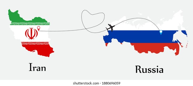 Airplane transport from Iran to Russia. Concept a good tour travel and business of both country. And flags symbol on maps. EPS.file.