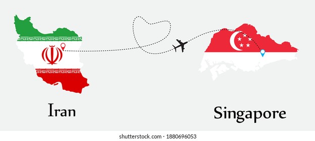 Airplane transport from Iran to Singapore. Concept a good tour travel and business of both country. And flags symbol on maps. EPS.file.
