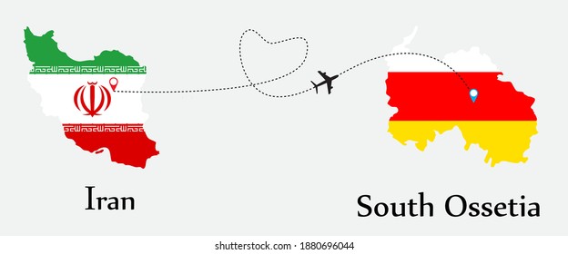 Airplane transport from Iran to South Ossetia. Concept a good tour travel and business of both country. And flags symbol on maps. EPS.file.