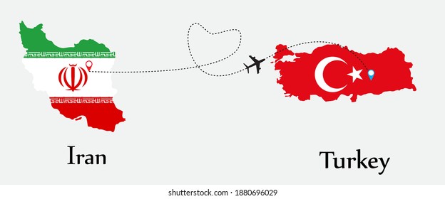 Airplane transport from Iran to Turkey. Concept a good tour travel and business of both country. And flags symbol on maps. EPS.file.