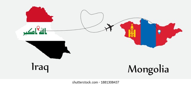 Airplane transport from Iraq to Mongolia. Concept a good tour travel and business of both country. And flags symbol on maps. EPS.file.