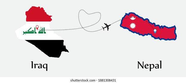 Airplane transport from Iraq to Nepal. Concept a good tour travel and business of both country. And flags symbol on maps. EPS.file.