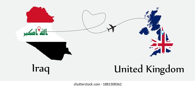 Airplane transport from Iraq to United Kingdom. Concept a good tour travel and business of both country. And flags symbol on maps. EPS.file.