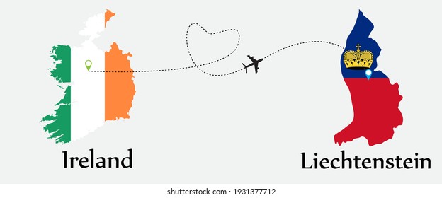 Airplane transport from Ireland to Liechtenstein. Concept a good tour travel and business of both country. And flags symbol on maps. EPS.file.