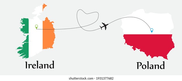 Airplane transport from Ireland to Poland. Concept a good tour travel and business of both country. And flags symbol on maps. EPS.file.